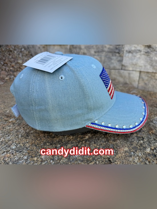 Handmade Light Blue Denim Baseball Cap with Rhinestone American Flag main image 4